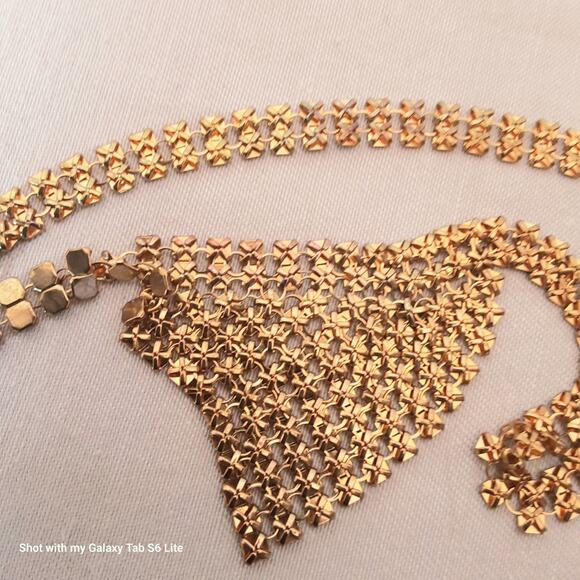 Art Deco Mesh Bib Necklace Gold Tone Choker Lobster Clasp With Extension - Picture 6 of 9